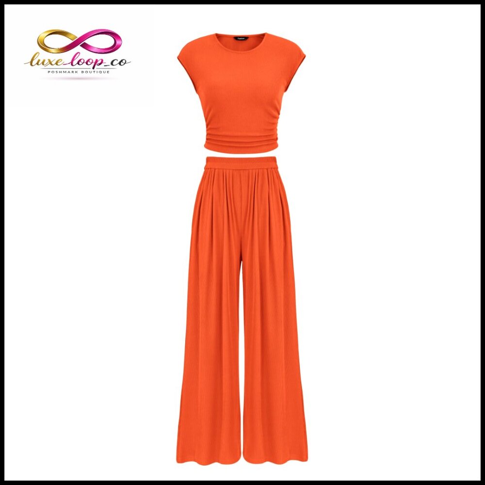 Ribbed Knit 2-Piece Set‎ Cap Sleeve Crop Top Wide Leg Palazzo Pants